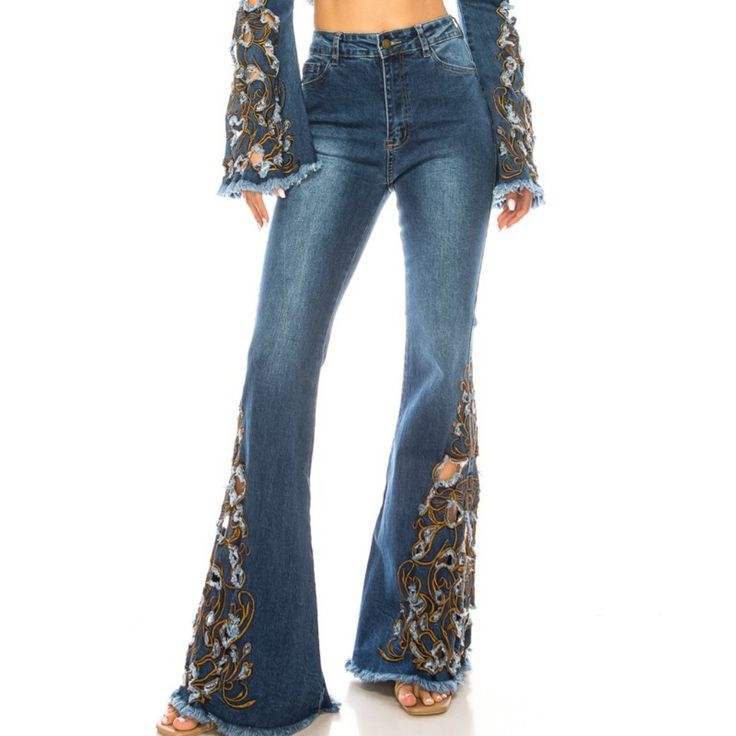 Flare Embroidered Denim Jeans Are Versatile And Stylish. They Have Intricate Embroidery And A Flattering Flare Cut. Available In Sizes S(3/5) To Xl(11/13). Made From 98% Cotton And 2% Spandex. Embroidered Denim Flare Jeans For Fall, Spring Embroidered Denim Blue Flare Jeans, Fall Embroidered Denim Flare Jeans, Embroidered Mid-rise Flare Jeans For Fall, Mid-rise Embroidered Flare Jeans For Fall, Embroidered Blue Flare Jeans For Spring, Blue Embroidered Flare Jeans For Spring, Spring Embroidered Cotton Flare Jeans, Bohemian Flare Jeans In Denim Blue For Fall