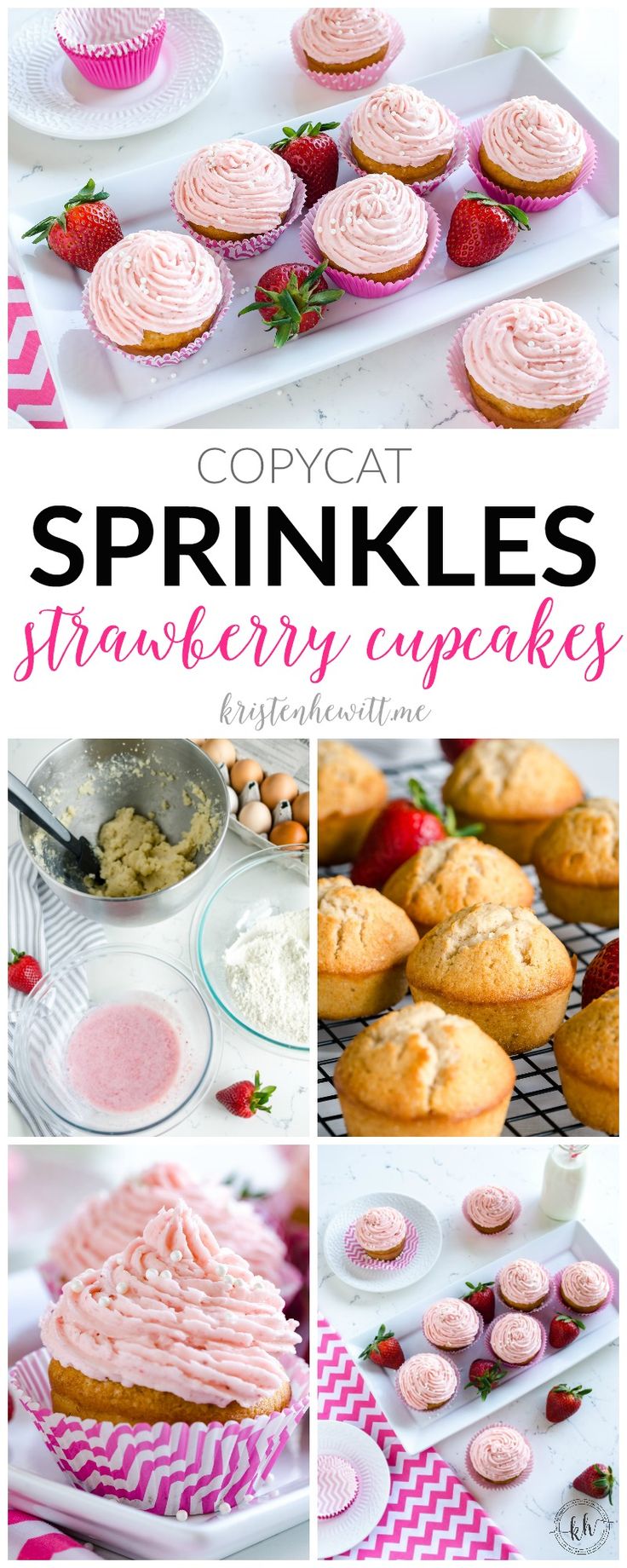 strawberry cupcakes with pink frosting and strawberries on the top are shown