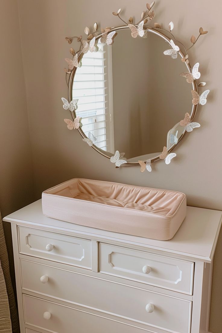 a mirror with butterfly around the frame Butterfly Nursery Ideas, Butterfly Nursery Themes, Forest Nursery Girl, Purple Baby Rooms, Butterfly Baby Room, Pink Baby Nursery, Enchanted Butterfly