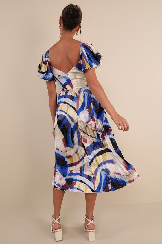 The Lulus Authentically Yours Blue Multi Abstract Print Satin Midi Dress will get you noticed at every soiree on your calendar! Pleated woven satin, with an abstract design throughout (in hues of blue, yellow, cream, purple, and black), shapes this eye-catching dress with a sweetheart neckline, framed by fluttery short sleeves (with elastic at the shoulders). The banded waist sits atop a twirl-worthy, A-line skirt that falls to a modern midi hem. A low V-back completes the chic look! Hidden back Black Shapes, Mini Skater Dress, Yellow Cream, Striped Midi Dress, Yellow Lace, Chambray Dress, Midi Short Sleeve Dress, Satin Midi Dress, Midi Dress Sleeveless