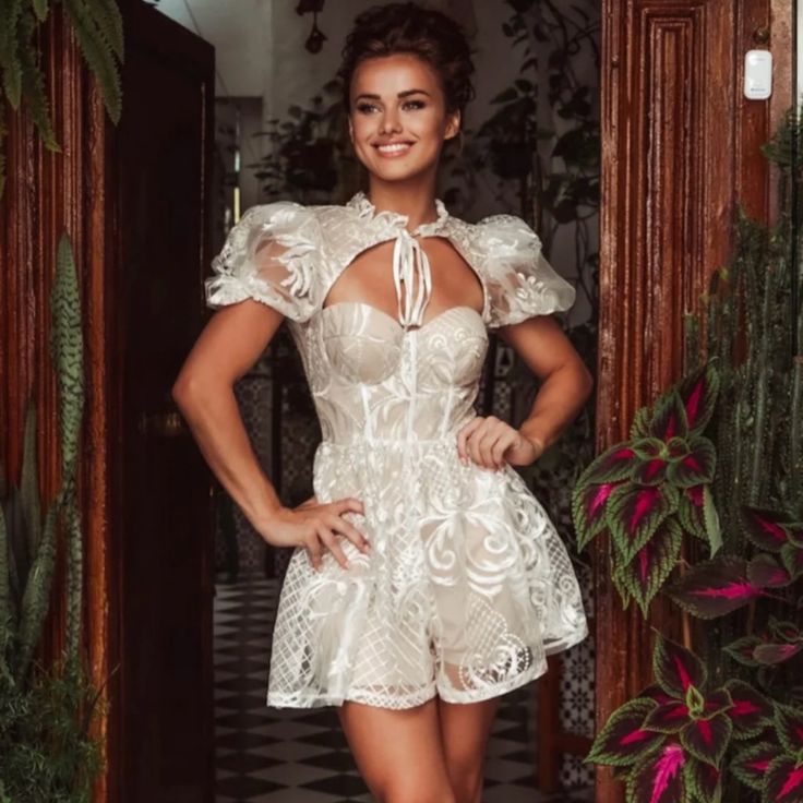 Lace Puffy Sleeve Backless Romper Summer Puff Sleeve Coquette Dresses, Summer Coquette Dress With Puff Sleeves, White Coquette Mini Dress For Party, Backless Romper, Dresses Lace, Dresses Backless, Sleeved Romper, Lace Dress, Girls Dresses