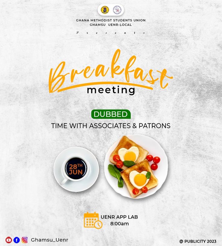 breakfast meeting flyer with coffee and pastries on plate in front of white wall background