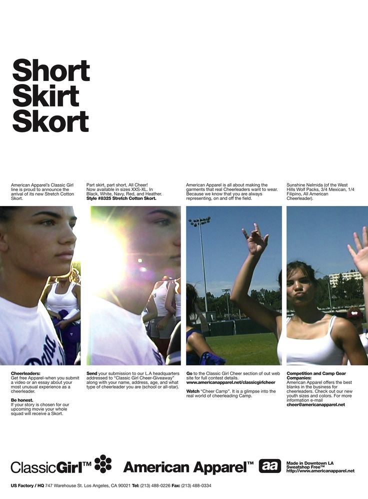 an advertisement for the american apparel brand short skirt skort, featuring photos of women in sports uniforms