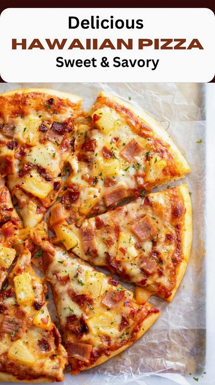 the hawaiian pizza is sliced and ready to be eaten