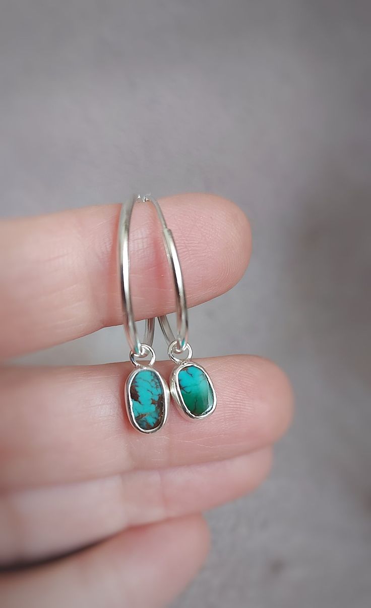 Green Small Hoop Sterling Silver Jewelry, Green Sterling Silver Small Hoop Jewelry, Minimalist Turquoise Hoop Earrings As Gift, Minimalist Turquoise Hoop Earrings For Gifts, Turquoise Sterling Silver Hoop Earrings For Pierced Ears, Handmade Turquoise Hoop Earrings As Gift, Everyday Turquoise Gemstone Earrings, Nickel-free Green Sterling Silver Hoop Earrings, Turquoise Sterling Silver Round Hoop Earrings