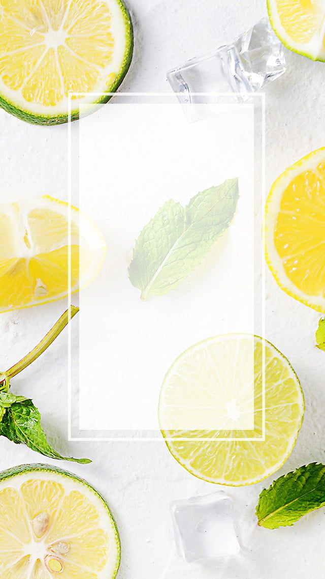 lemons, mint leaves and ice cubes on a white surface with a square frame