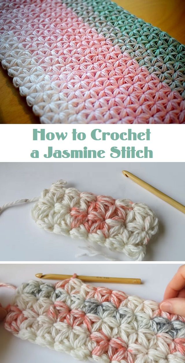 the crochet stitch is being worked on with yarn and knitting needles, while another photo shows how to crochet