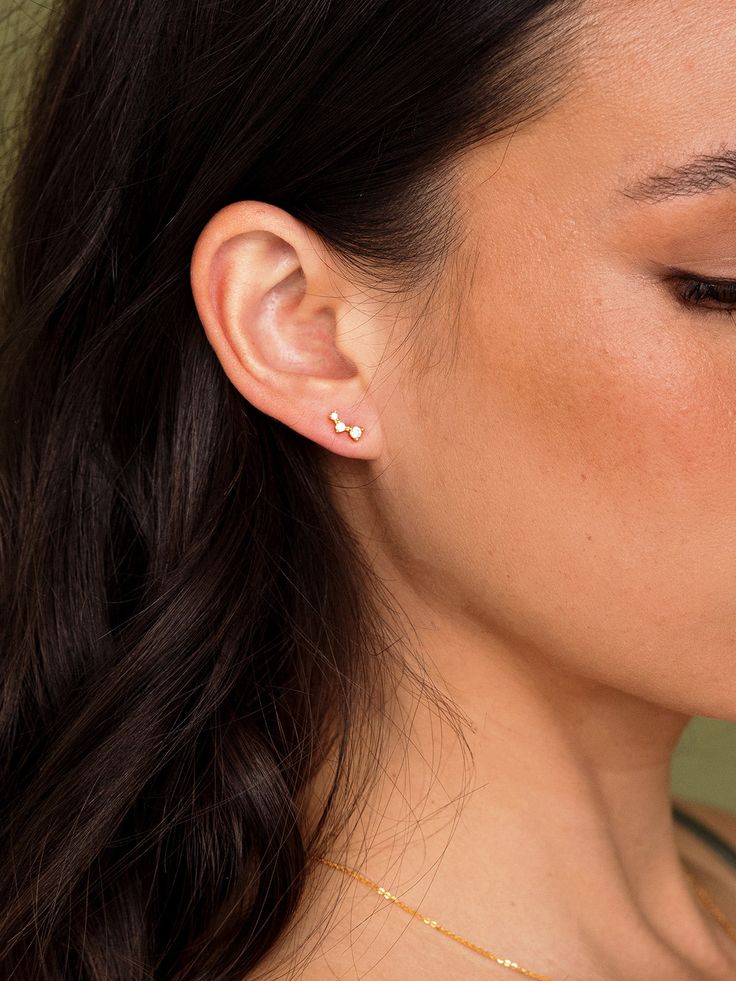 DESCRIPTION A dainty trio of gems all lined up and ready to shine. These subtle and easy-to-wear earrings bring a little extra luxe to your simplest studs. Dainty enough to pair with multiple piercings and just as cute on its own. Wear with: Tully Bracelet or Meja Pendant ✨ Vermeil Collection This demi-fine jewelry col Simple Diamond Earrings, Small Earrings Gold, Tennis Jewelry, Everyday Earrings Studs, Multiple Piercings, Minimalist Earrings Studs, Simple Stud Earrings, Mini Earrings, Minimal Earrings