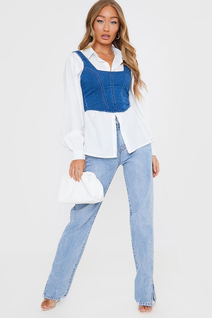 Denim Zip Corset Crop Top | In The Style Demin Crop Top Outfit, Corset Tops Over Shirt, Denim Corset Over Shirt, Outfits With Denim Corset, Denim Top With Skirt, Corset Top Modest Outfit, Denim Corset With White Shirt, Crossett Top Outfit, Modest Corset Top