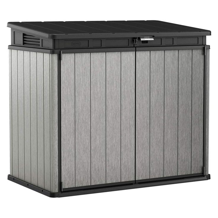 an outdoor storage box with the lid closed and door open, on a white background