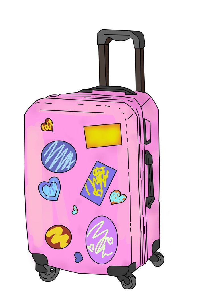 a pink suitcase with various stickers on it's front and side handles, sitting upright