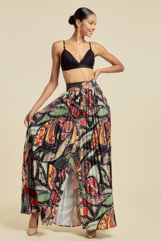 Women's Printed and Pleated Open Skirt – BPosh Beauty Bar & Boutique Tiered Skirt Bottoms With Pockets For Day Out, Flowy High-waist Maxi Skirt For Summer, High Waist Maxi Skirt With Button Closure For Summer, Green High Waist Maxi Skirt For Vacation, High Waist Summer Maxi Skirt With Elastic Waistband, High Waist Maxi Skirt With Elastic Waistband, Beach Flared Skirt Bottoms With Elastic Waistband, High Waist Elastic Maxi Skirt For Summer, High Waist Maxi Skirt With Pockets For Beach