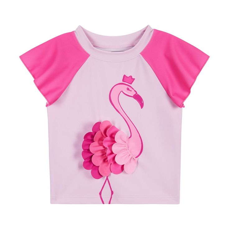 Get your little girl ready for a day of fun in the sun with this adorable Pink Flamingo Short Sleeve Rashguard Set! Featuring a cute flamingo graphic on the front and vibrant pink shorts, this set is not only stylish but also provides UPF 50+ sun protection. Made with comfortable and durable material, it's perfect for all her beach or pool adventures. Don't miss out on this must-have summer outfit! Summer Swimming Tops With Uv Protection, Uv Protection Tops For Poolside Summer, Summer Playwear Tops With Uv Protection, Summer Uv Protection Tops For Playwear, Summer Vacation Tops With Uv Protection, Summer Tops With Uv Protection And Short Sleeves, Summer Short Sleeve Tops With Uv Protection, Short Sleeve Swimwear For Beach Play, Playful White Short Sleeve Swimwear