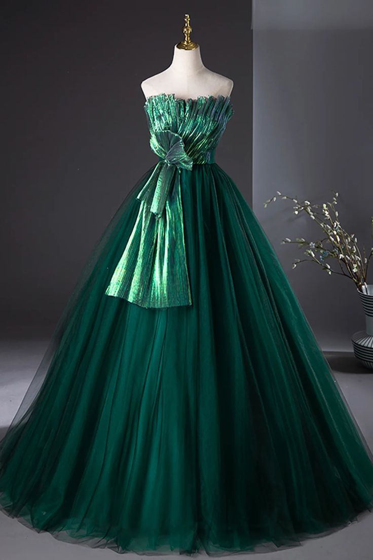 Emerald Radiance Evening Gown Green Ball Gown With Fitted Bodice For Prom Season, Green Evening Dress With Pleated Bodice, Green Prom Gown With Pleated Bodice, Elegant Green Tulle Ball Gown, Green Tulle Ball Gown For Banquets, Green Tulle Ball Gown For Banquet, Floor-length Green Prom Evening Dress, Green Evening Dress With Pleated Bodice For Gala, Strapless Green Gown For Debutante Ball