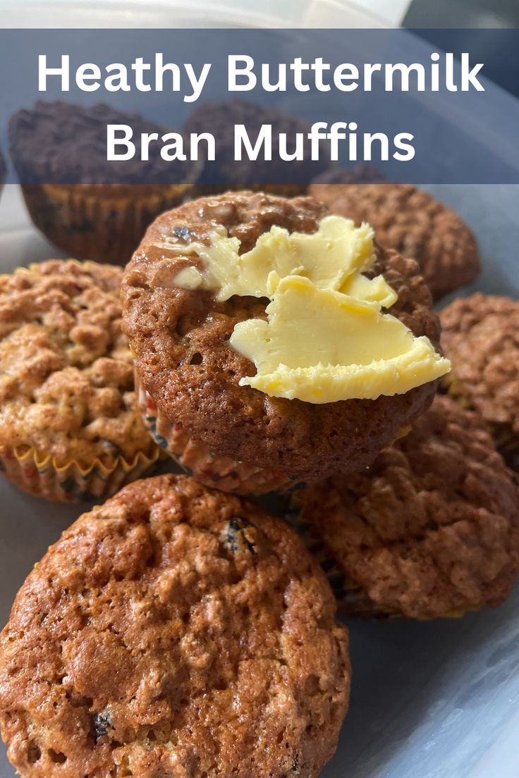 healthy buttermilk bran muffins on a plate with butter in the middle