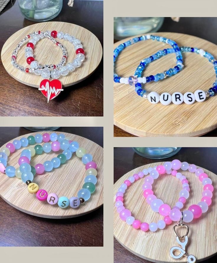 *Super cute beaded bracelets. *Each cones in a set of 2 bracelets.  *Handmade with care with all quality products.  *Stretchy strings of glass beads made with strong materials. *Aditional quantities can be added. 1-Red EKG Heart Beat Charm 2-Sparkly shades of blue with a Purple Heart and Nurse personalization  3-Shades of Pink or Blue beads with a Stethescope Charm 4-Multi colored with Nurse personalization Gift Heart Bracelet With Colorful Round Beads, Trendy Handmade Beaded Bracelets For Healing, Blue Heart-shaped Bracelets For Valentine's Day, Heart Shaped Beaded Bracelet With Letter Beads As Gift, Blue Heart-shaped Bracelet For Valentine's Day, Heart Bracelet With Round Beads As Gift, Everyday Multicolor Heart-shaped Beaded Bracelets, Multicolor Heart Bracelet With Round Beads For Gift, Multicolor Heart Bracelet With Round Beads As Gift