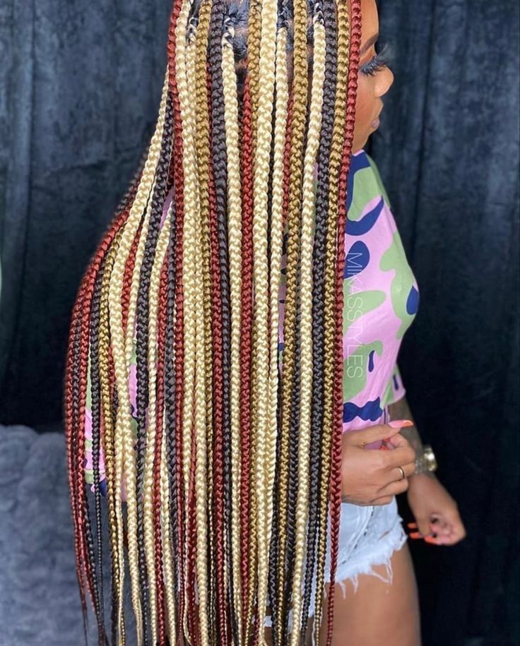 Box Braids With Streaks Of Color, Plaits With Color For Black Women, Colorful Knotless Braids For Black Women, Box Braid With Color, Three Color Braids, Tricolor Braids, Aztec Braids, Braids With Two Colors, Knotless Color Ideas