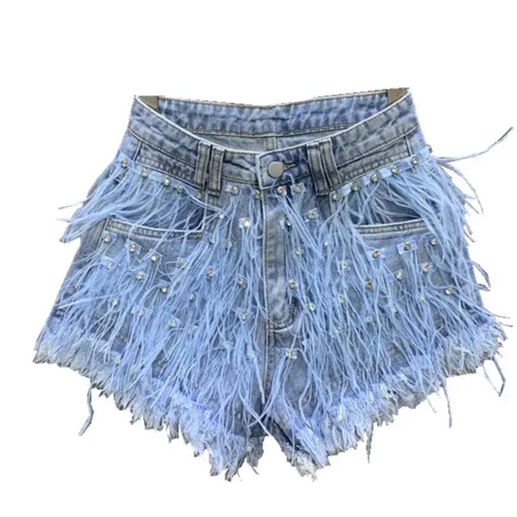 Rhinestones Ostrich Feathers Denim Shorts Has Stretch Cut A Little Small Recommend Size Up Casual Jean Shorts With Rhinestone Fringe For Summer, Rhinestone Fringe Denim Jean Shorts For Spring, Summer Denim Jean Shorts With Rhinestone Fringe, Blue High Waist Rhinestone Jeans, Blue High-waist Jeans With Rhinestones, High-waist Blue Jeans With Rhinestones, High Waist Blue Jeans With Rhinestones, Blue High Waist Jeans With Rhinestones, Summer Casual Bottoms With Rhinestone Fringe