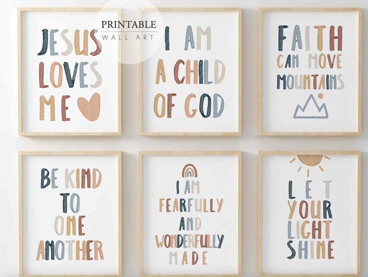 four framed art prints with the words jesus loves me, i am a child of god and