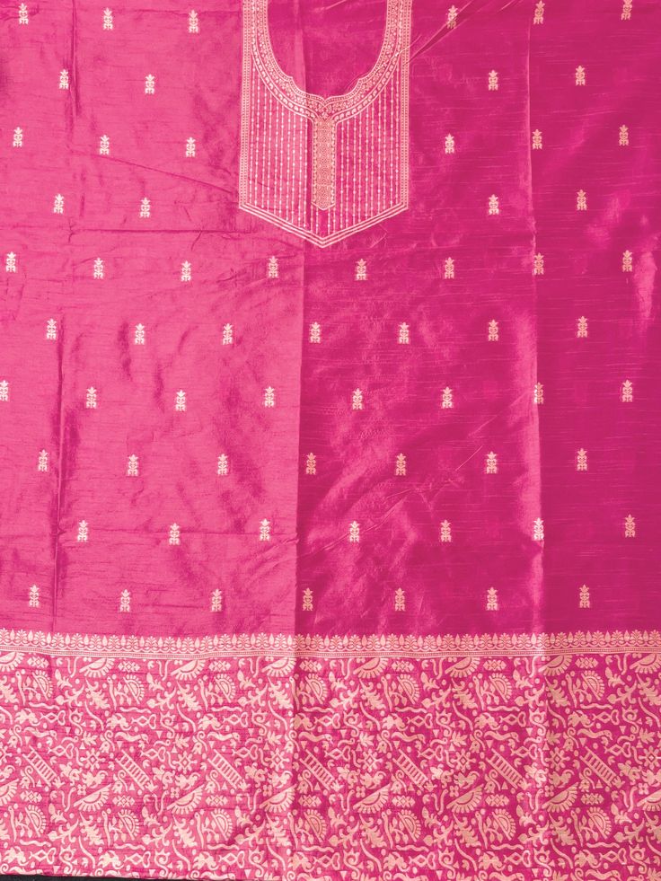 Product Details Neon Pink Unstitched Salwar Suit in Handloom Raw Silk Elevated with Thread Woven Accompanied by an Unstitched Kurta, Bottom and Dupatta with Tassels Comes with the Vishnu Weaves Promise of Premium Quality Size & Fit Kurta & Bottom : 3.90 Mtrs Dupatta : 2.40 Mtrs Material & Care Dry Wash Only Pink Tussar Silk Unstitched Suit With Zari Work, Festive Pink Tussar Silk Unstitched Suit, Traditional Tussar Silk Lawn Suit With Resham Embroidery, Pink Katan Silk Sets With Motifs, Festival Tussar Silk Lawn Suit With Zari Work, Pink Unstitched Tussar Silk Kurta, Semi-stitched Pink Tussar Silk Kurta, Pink Unstitched Suit With Zari Work For Traditional Ceremonies, Unstitched Pink Tussar Silk Kurta