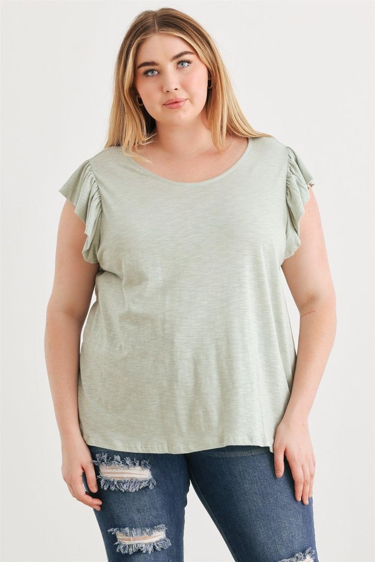 🖤 Item Features: Sage, cotton blend, short ruffle sleeves, round neckline, relaxed fit, semi-stretchy, unlined, casual, cute, must-have, lounge wear Cotton Ruffle T-shirt With Flutter Sleeves, Casual Cotton Tops With Butterfly Sleeves, Casual Cotton Top With Butterfly Sleeves, Cotton T-shirt With Ruffles And Flutter Sleeves, Stretch Casual T-shirt With Ruffle Sleeves, Cotton Short Sleeve Top With Ruffle Sleeves, Ruffled Cotton Short Sleeve Top, Summer T-shirt With Ruffle Sleeves And Relaxed Fit, Ruffle Sleeve Cotton Top With Ruffles