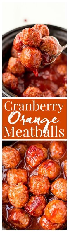 cranberry orange meatballs in a slow cooker with text overlay that reads, cranberry orange meatballs