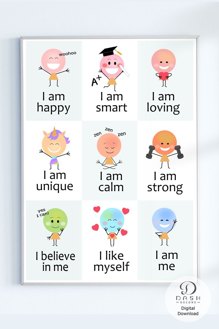 a poster with different words and pictures on the wall above it that says i am happy, i am unique, i am strong, i am brave, i am me