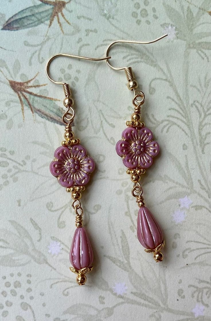 Pink Flower Earrings Floral Jewelry for Women Teardrop | Etsy Elegant Purple Teardrop Flower Earrings, Elegant Flower Earrings With Czech Glass, Elegant Pink Teardrop Flower Earrings, Pink Teardrop Flower Earrings For Wedding, Handmade Elegant Flower Teardrop Earrings, Elegant Handmade Flower Teardrop Earrings, Elegant Handmade Flower Shaped Teardrop Earrings, Elegant Pink Czech Glass Earrings, Pink Teardrop Flower Earrings With Ear Wire