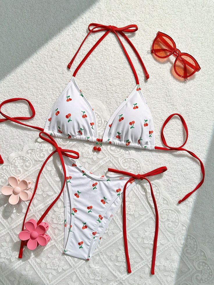 Women Summer Beach Cherry Print Halter Neck Bikini Set For Vacation Multicolor Cute    Cartoon,Fruit&Vegetable,Plants,All Over Print  High Stretch  Women Clothing, size features are:Bust: ,Length: ,Sleeve Length: Swimsuits For Vacation, Cute Triangle Bikinis, Bathing Suits Baddie Outfits, Vacation Bikinis, Bikinis Shein, Self Portrait Poses, Beach Wear Men, Swimming Outfit, Cherry Print