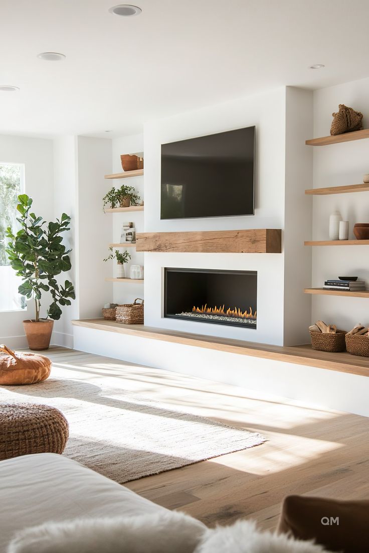 a living room filled with furniture and a flat screen tv mounted on the wall next to a fire place