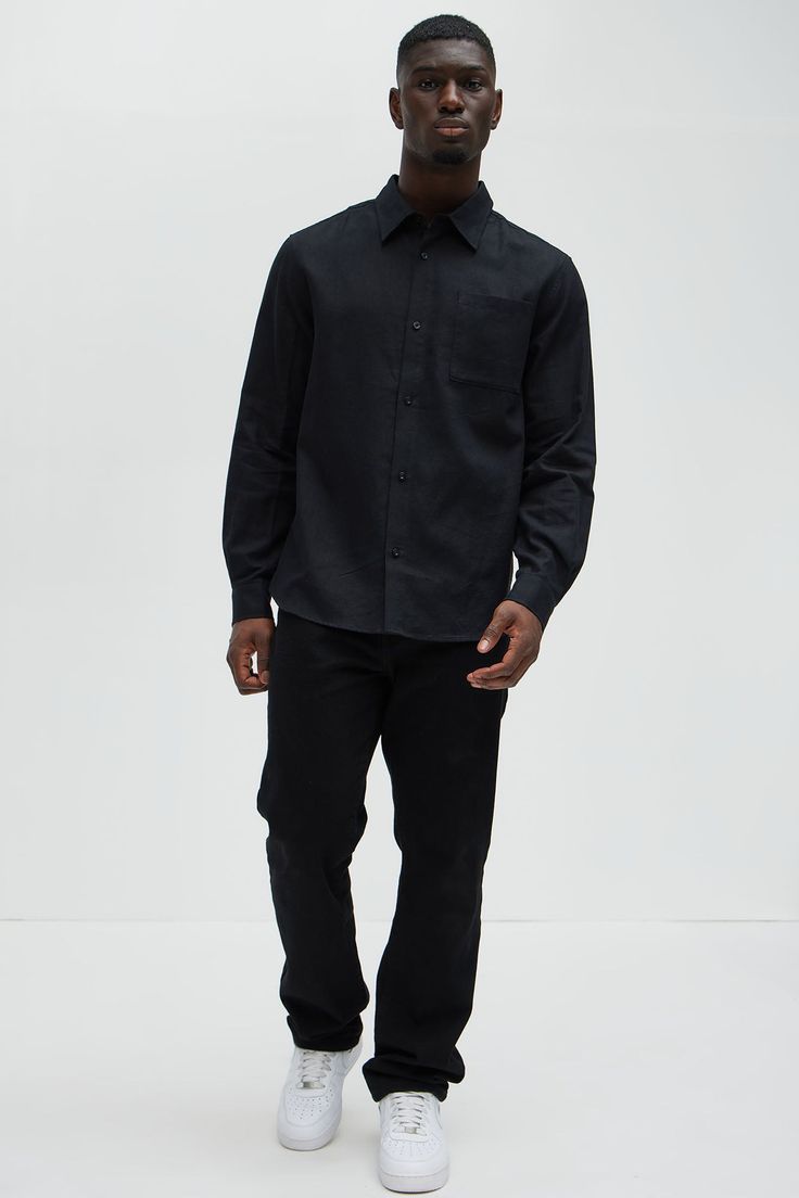 Available In Black. Fold Down Collar Front Button Closure Chest Pocket Long Sleeve Pair With Bahamas Linen Pants Shell: 55% Linen 45% Cotton Imported | Mens Bahamas Linen Long Sleeve Shirt in Black size Large by Fashion Nova Black Relaxed Fit Shirt With Buttoned Pockets, Black Shirt With Buttoned Pockets And Relaxed Fit, Black Tops With Buttoned Pockets And Relaxed Fit, Black Long Sleeve Shirt With Buttoned Pockets, Black Collared Shirt With Buttoned Pockets, Black Workwear Shirt With Buttoned Pockets, Black Casual Shirt With Welt Pockets, Casual Black Shirt With Welt Pockets, Black Cotton Shirt With Welt Pockets