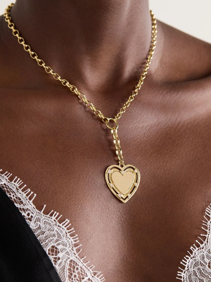 Foundrae believes that jewelry is a tool of self-expression, so styles like this necklace are perfect for marking a special occasion. It's handcrafted from 18-karat gold and strung with a heart-shaped peNdant set with 0.175-carats of sparkling diamonds. Engrave the center with initials of a loved one or an important date. Valentine's Day 14k Gold Pendant Necklace, 14k Gold Pendant Necklace For Valentine's Day, 14k Gold Heart Cut Necklace With Adjustable Chain, Gold-tone Clavicle Chain Necklace For Anniversary, Luxury White Gold Necklace For Valentine's Day, Gold Plated Clavicle Chain For Valentine's Day, Gold Plated Clavicle Chain Jewelry For Valentine's Day, Luxury Gold-plated Necklaces As Gift For Her, Luxury Gold Plated Necklaces As A Gift For Her