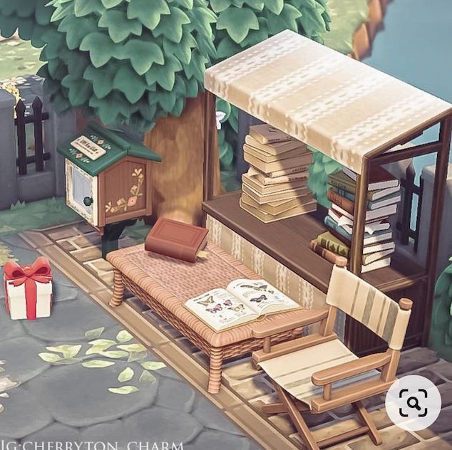 a painting of a book store with books on the ground and a bench in front of it