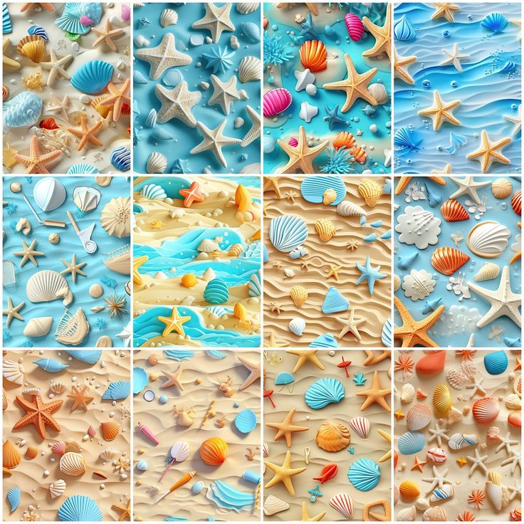 many different seashells and starfish are depicted in this collage, including one with