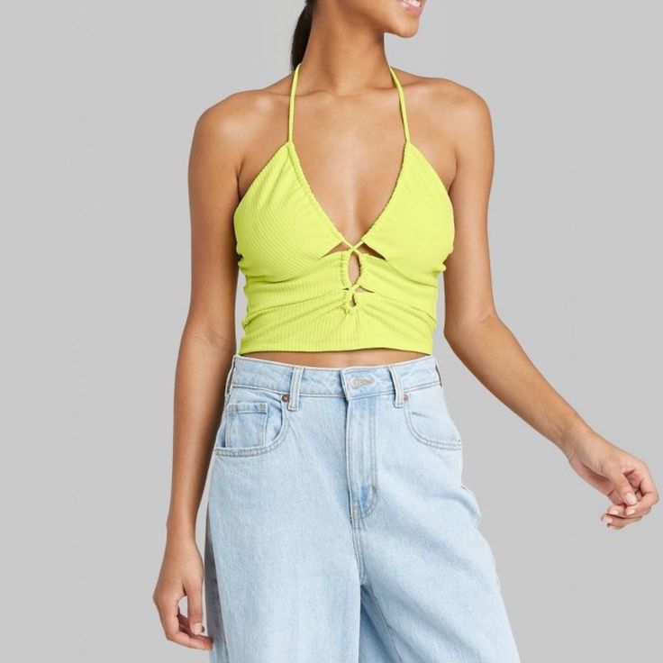 Women’s Lace Up Front Versatile Tiny Halter Top Wild Fable Lime Green Large Nwt Summer Green Triangle Top, Knitted Crop Tank Top, Boho Crop Tops, Womens Halter Tops, Tie Dye Tank Top, Halter Crop Top, Floral Crop Tops, Woven Top, Knit Tops