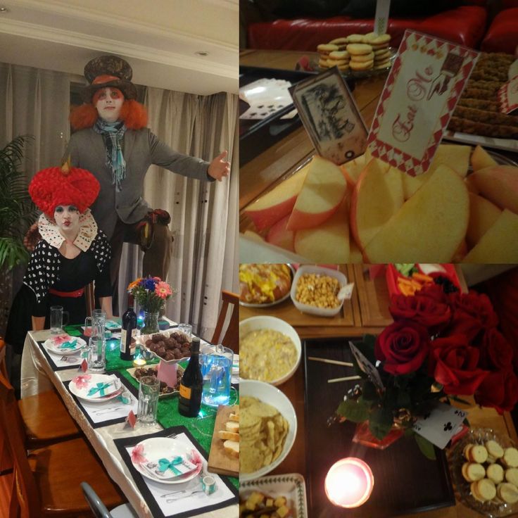 there are pictures of people dressed as clowns at a table with food on it