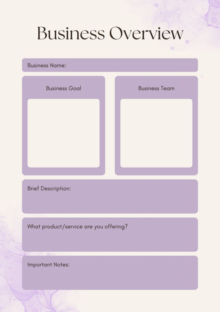 a purple business overview sheet with the words business overview