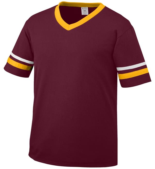 a maroon and yellow football jersey with white stripes