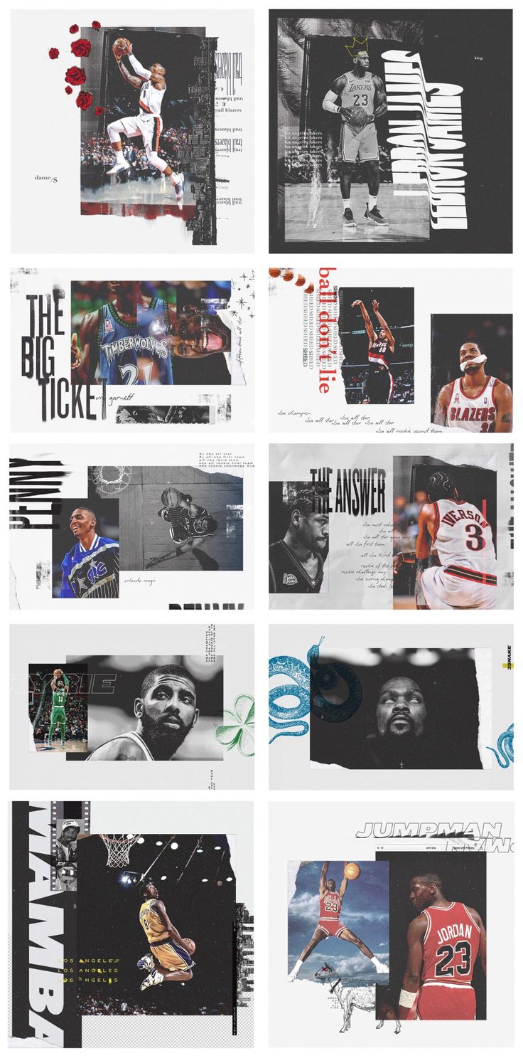 an image of basketball collages in black and white with the words, the big ticket