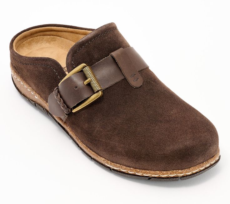 Accented with a chic side buckle, these suede slip-on clogs are an easy and stylish choice when you're headed out the door. Arch support, a cork midsole, and cushioned insole ensure your feet feel comfortable and supported. From Earth Brands Footwear. Suede Slip-on Clogs With Buckle Closure, Suede Slip-on Mules With Buckle Closure, Closed Toe Suede Clogs With Buckle Closure, Suede Closed Toe Clogs With Buckle Closure, Suede Clogs With Buckle Closure And Round Toe, Door Arch, Arch Support, The Door, Clogs