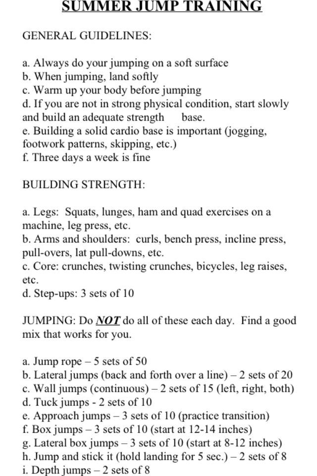 an exercise sheet with instructions for the summer jump training