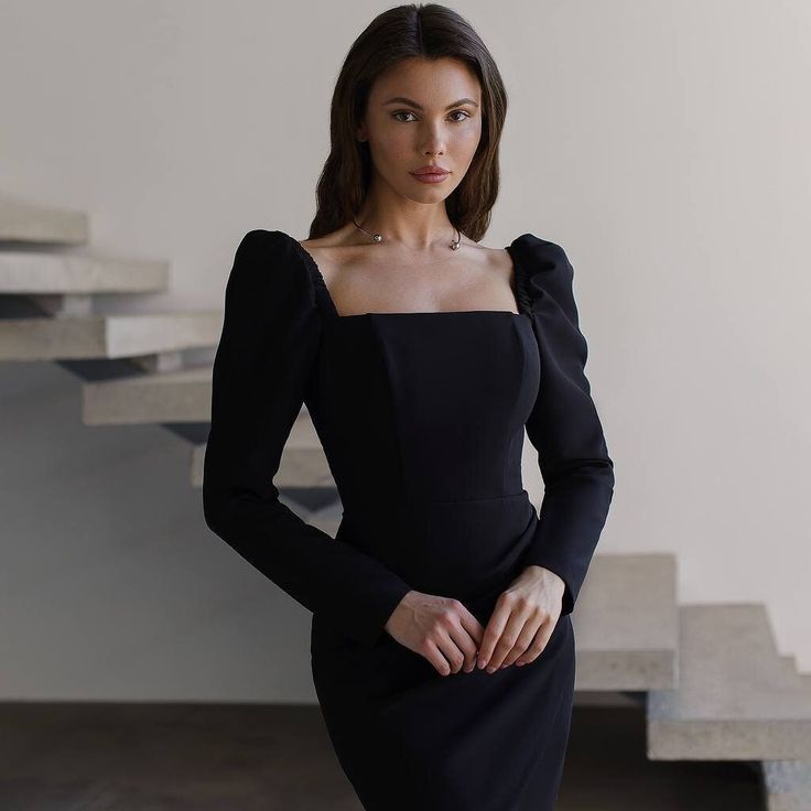 Step into sophistication with our Formal Black Mini Dress! This stunning dress, featuring long sleeves and an open back, is perfect for wedding guests and special occasions. Its timeless design and premium fabric make it a standout piece for any elegant event. 💖✨ Features: Material: Luxurious premium-grade crepe diagonal fabric that feels smooth and looks stunning 🌟 Design: Midi length with a total length of 82 cm, skirt length of 45 cm, and sleeve length of 64 cm 🌸 Color: Classic black, idea Cocktail Evening Dress With Long Sleeves And Fitted Bodice, Cocktail Evening Dress With Fitted Bodice And Long Sleeves, Long Sleeve Evening Dress With Fitted Bodice For Cocktail, Formal Fitted Evening Dress With Puff Sleeves, Elegant Mini Dress With Puff Sleeves And Structured Shoulders, Elegant Mini Dress With Puff Sleeves, Elegant Puff Sleeve Mini Dress With Structured Shoulders, Long Sleeve Dressy Dresses For Gala, Elegant Puff Sleeve Dress For Party With Structured Shoulders