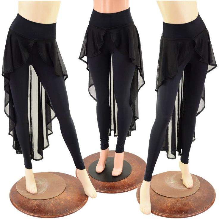 "This item is made to order, please read all the way through the listing before purchasing! These leggings combine a smooth and sleek, high waisted fit, with a flowy, mesh, hi lo overskirt for added drama and movement. Super comfy and flattering, with just the right amount of added detail to take them to the next level. Created in our smooth black spandex, with a sheer mesh overskirt. The mesh portion is 36\" long in the back. Womens Sizing (See below for instructions on where measurements shoul Black High-waist 4-way Stretch Tights, Black High Waist 4-way Stretch Tights, Black High Waist Tights With 4-way Stretch, Black 4-way Stretch Bottoms For Night Out, Full Length Stretch Black Skirt, Black Full-length Stretch Skirt, Black Full Length Stretch Skirt, Fitted Yoga Tights For Dancewear, Black High Stretch Legwear For Yoga