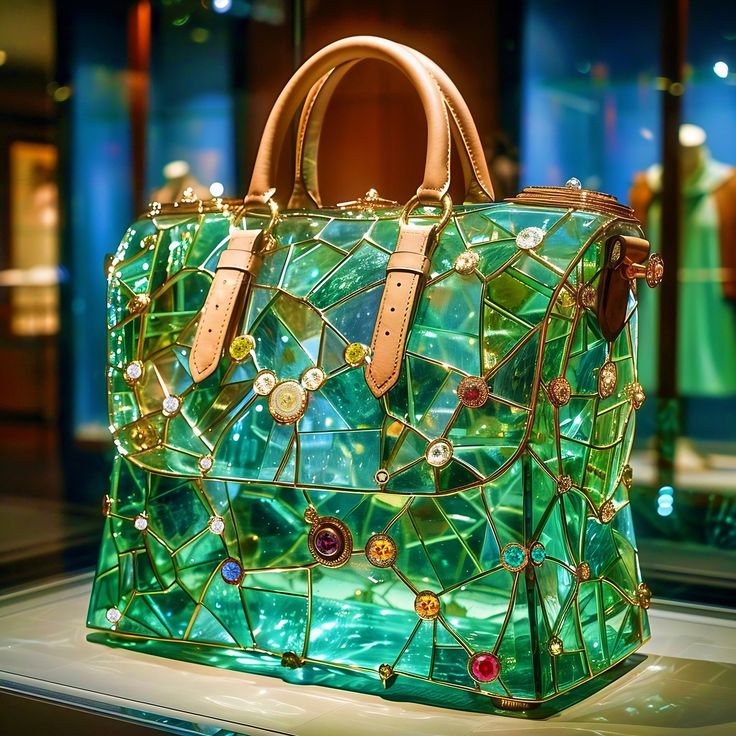 Welcome to my high-concept art for the wall, shelf, Digital Picture frame, or computer desktop wallpaper.  Art Description: Introducing "Emerald Enchantment," the first piece in an exquisite series of digital art that celebrates the beauty and sophistication of emerald-colored stained glass handbags. This stunning artwork captures the allure of a meticulously crafted handbag, featuring a mosaic of vibrant green glass pieces, accentuated by delicate gold framing and adorned with sparkling gemston Glass Handbags, Digital Picture Frame, Computer Wallpaper Desktop Wallpapers, Unique Handbags, Art Description, Unique Purses, Computer Desktop, Emerald Color, Wallpaper Art