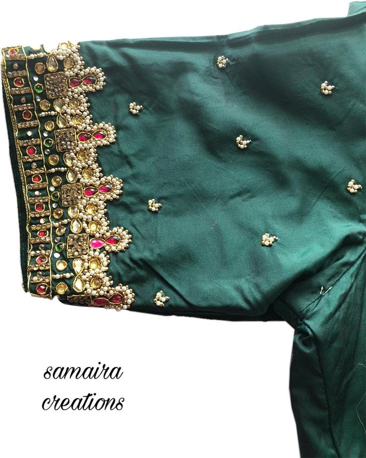 Kundan Maggam Work Blouse! Kundan work on this Green Silk maggam blouse, is quite striking and gives that luxurious feel. The sleeves are adorned with the same type of design. It's very jewelry look like design which is currently in trend. Note: We can make this blouse of any color of your choice. Note - Doris and Latkans provided are complementary so please do not complain about them. We do our best to put best latkans for you. Disclaimer - Actual colors may vary slightly due to computer monito Party Blouse With Dabka Work For Diwali, Diwali Party Blouse With Dabka Work, Festival Party Blouse With Dabka Work, Party Festival Blouse With Dabka Work, Party Blouse Piece With Dabka Work In Raw Silk, Party Blouse Piece With Dabka Work On Raw Silk, Raw Silk Blouse Piece With Dabka Work For Party, Party Raw Silk Blouse With Dabka Work, Designer Green Chinon Blouse