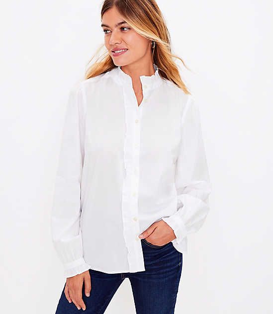 A ruffled neck and puffed shoulders pretty up this effortlessly and eternally polished shirt. Standing collar. Button front. Long sleeves with button cuffs. Shirttail hem. Loft Ruffle Shirt Size XL White Women's by Loft Size Regular - XL White Women's Long, Sleeve, Shirts, Tops, 55%, Cotton, 45%, Modal, Machine, Washable Casual Blouse With Ruffled Collar For Daywear, Classic Button-up Blouse For Casual Gatherings, Chic Top With Button Cuffs And Ruffled Collar, Elegant Tops For Fall Casual Gatherings, Relaxed Fit Button-up Blouse With Ruffles, Classic Puff Sleeve Shirt With Relaxed Fit, Workwear Tops With Button Closure And Ruffled Collar, Classic Shirt With Puff Sleeves In Relaxed Fit, Workwear Top With Ruffled Collar And Buttons