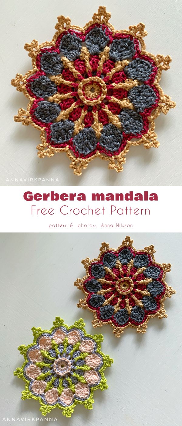 three crocheted coasters with different colors and designs