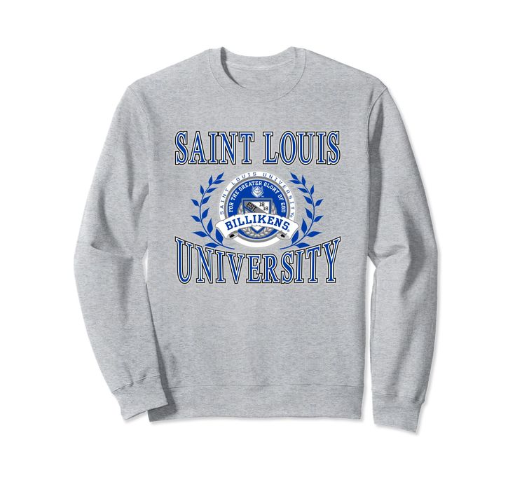 saint louis university sweatshirt in grey with blue and white lettering on the chest, front and back