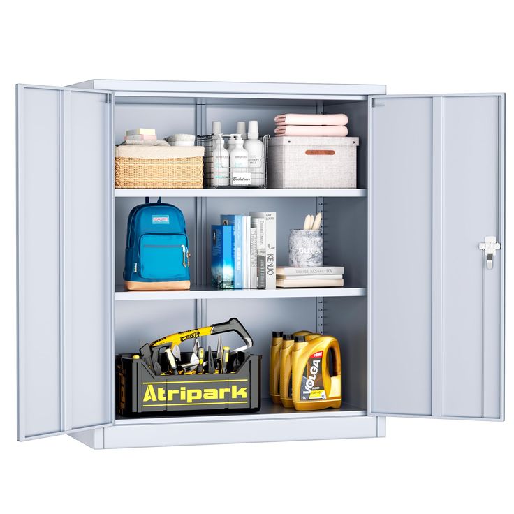 an open metal cabinet with various items on the shelves and in it's door