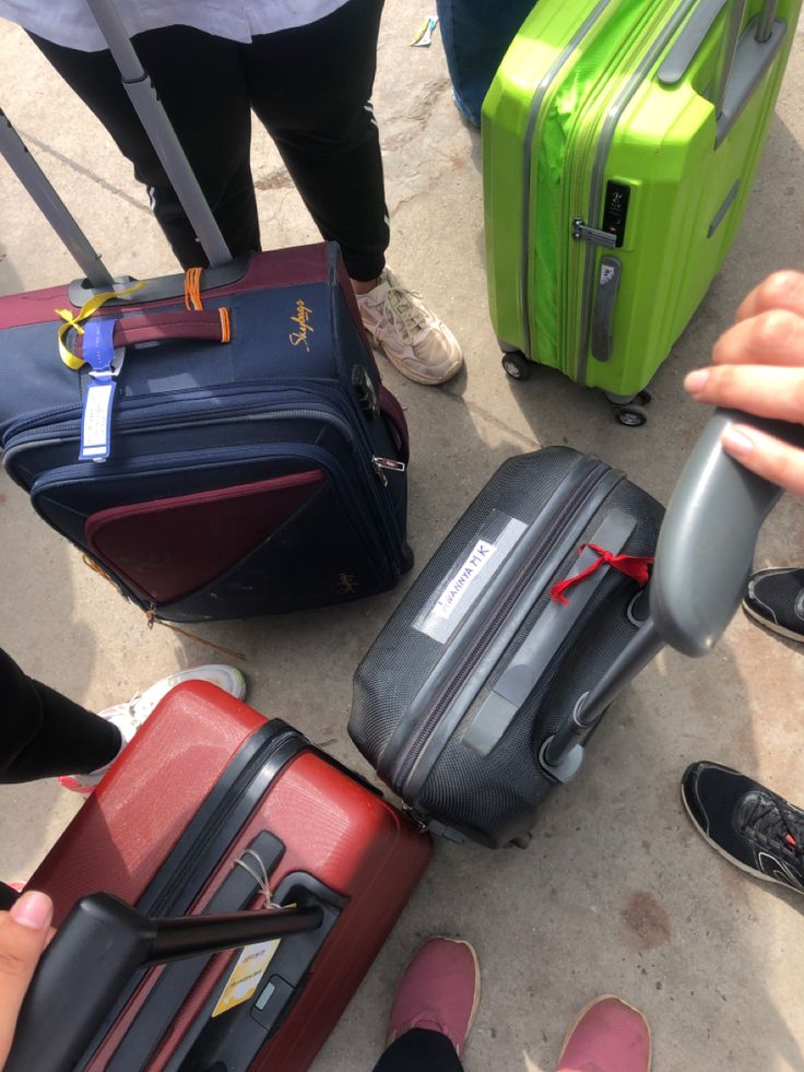 several suitcases are lined up on the ground